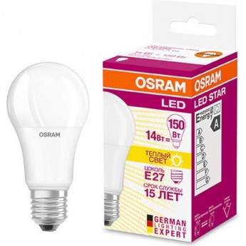 Лампа светодиодная LED OSRAM STAR Classic A 150 13W/827 13Вт 2700К E27 1521лм 220-240В Лампа светодиодная LED OSRAM STAR Classic A 150 13W/827 13Вт 2700К E27 1521лм 220-240В