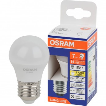 Лампа светодиодная OSRAM LONG LIFE LED 7Вт Е27 2700К 600Лм шар 220В (замена 60Вт) Лампа светодиодная OSRAM LONG LIFE LED 7Вт Е27 2700К 600Лм шар 220В (замена 60Вт)